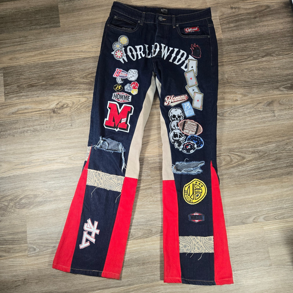BoohooMAN Jeans Mens 32x32 Dark Wash Relaxed Distressed Patchwork Mr Worldwide